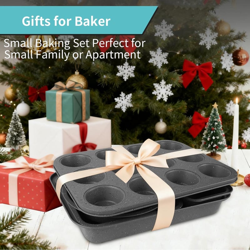 Barlket Baking Pans Set, 5 Piece Grey Marble Nonstick Bakeware with 100 Cupcake Liners – Stackable Carbon Steel Set for Small Kitchens, Apartments, Home Baking and Gifts - Image 5